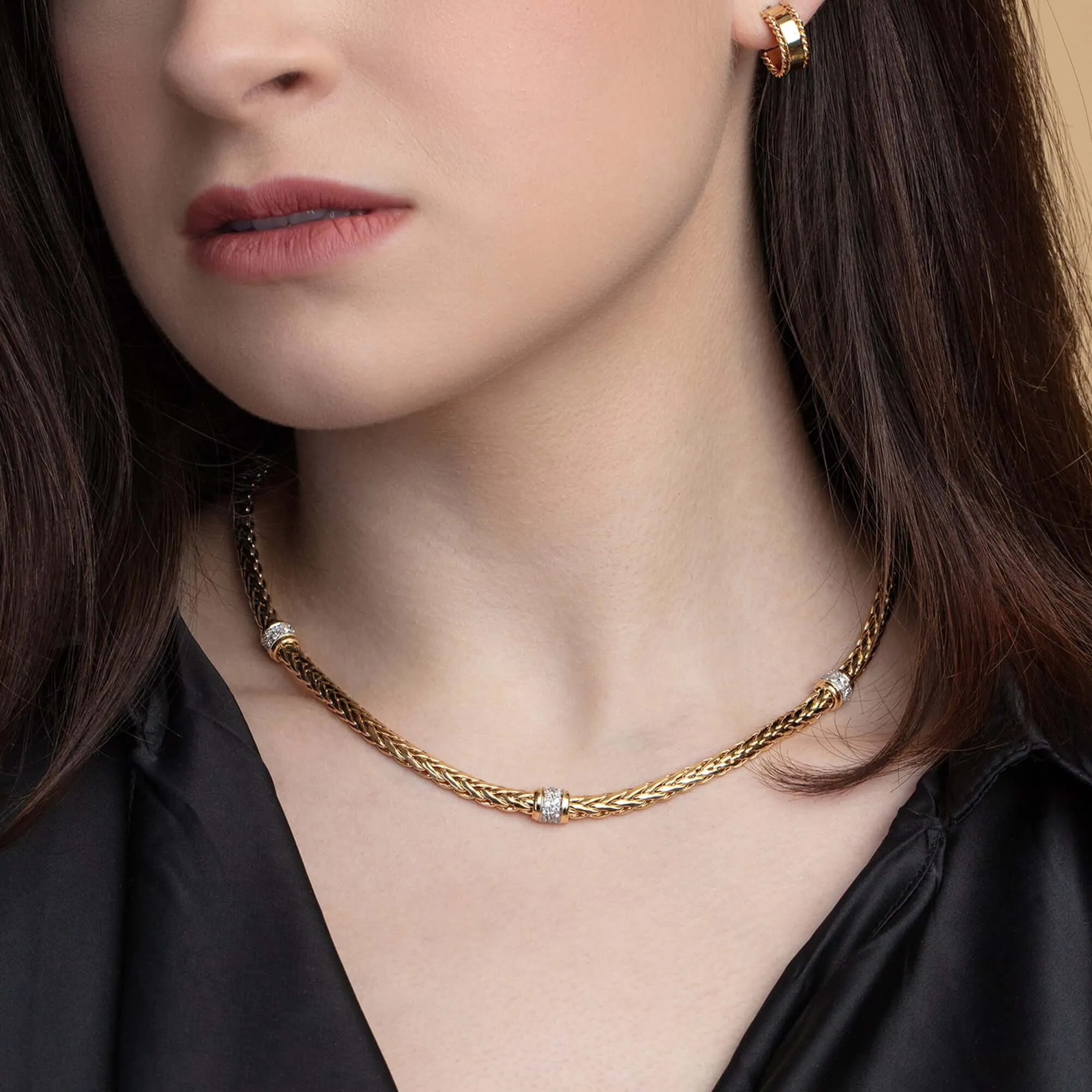 14K Gold & Diamond Woven Chain Station Necklace