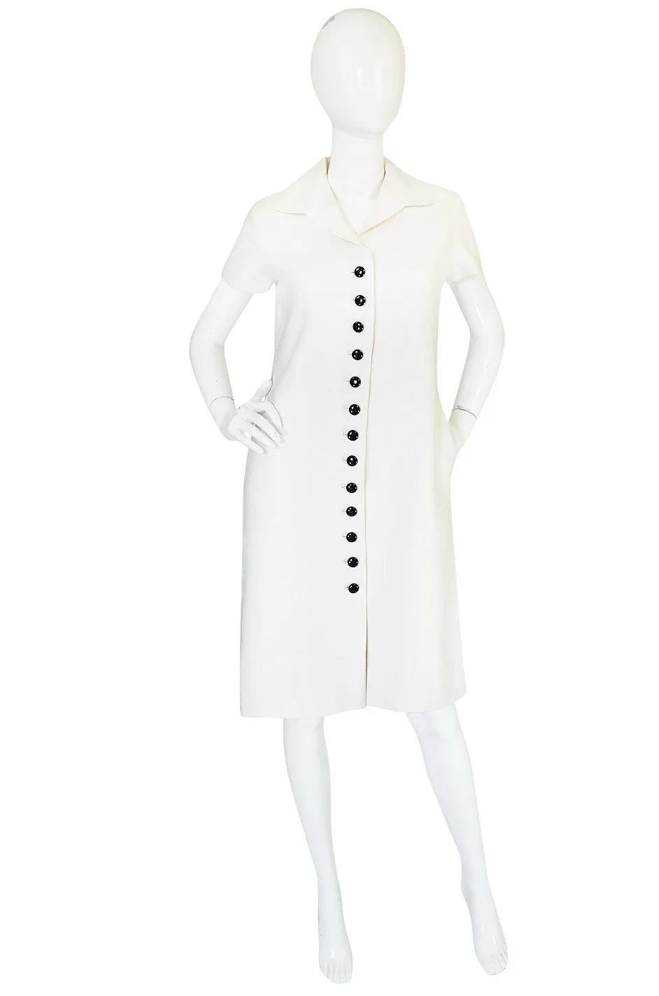 1960s White Linen Black Button Norman Norell Dress