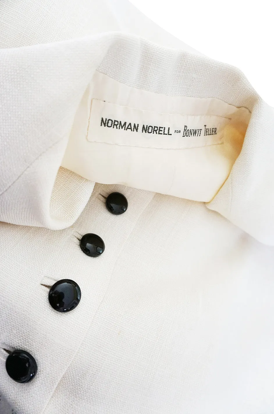 1960s White Linen Black Button Norman Norell Dress