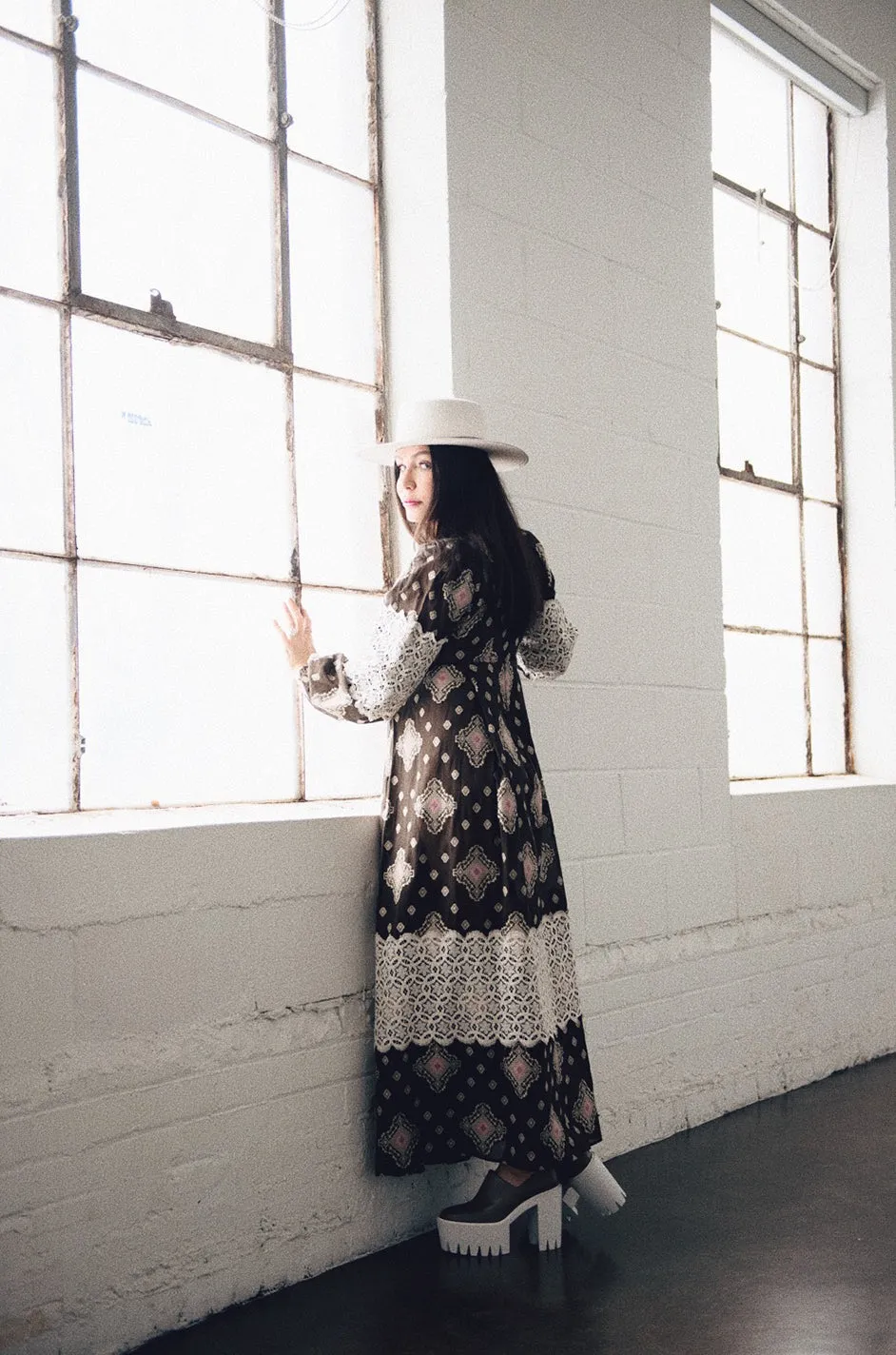 1971 Thea Porter Brocaded Cotton Gauze & Lace Flounce Dress