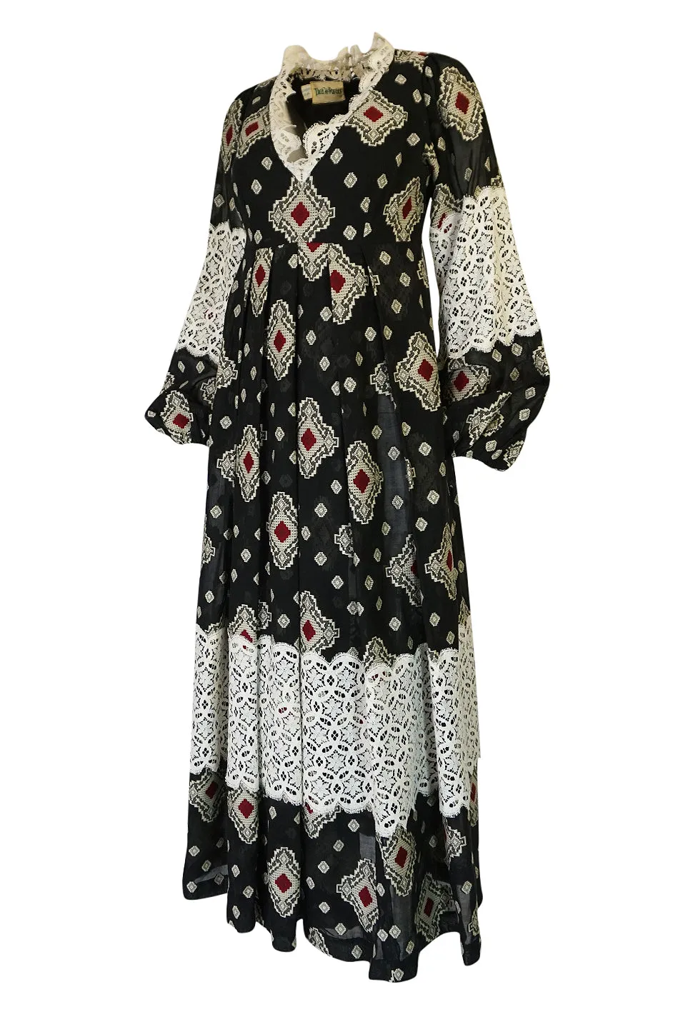 1971 Thea Porter Brocaded Cotton Gauze & Lace Flounce Dress