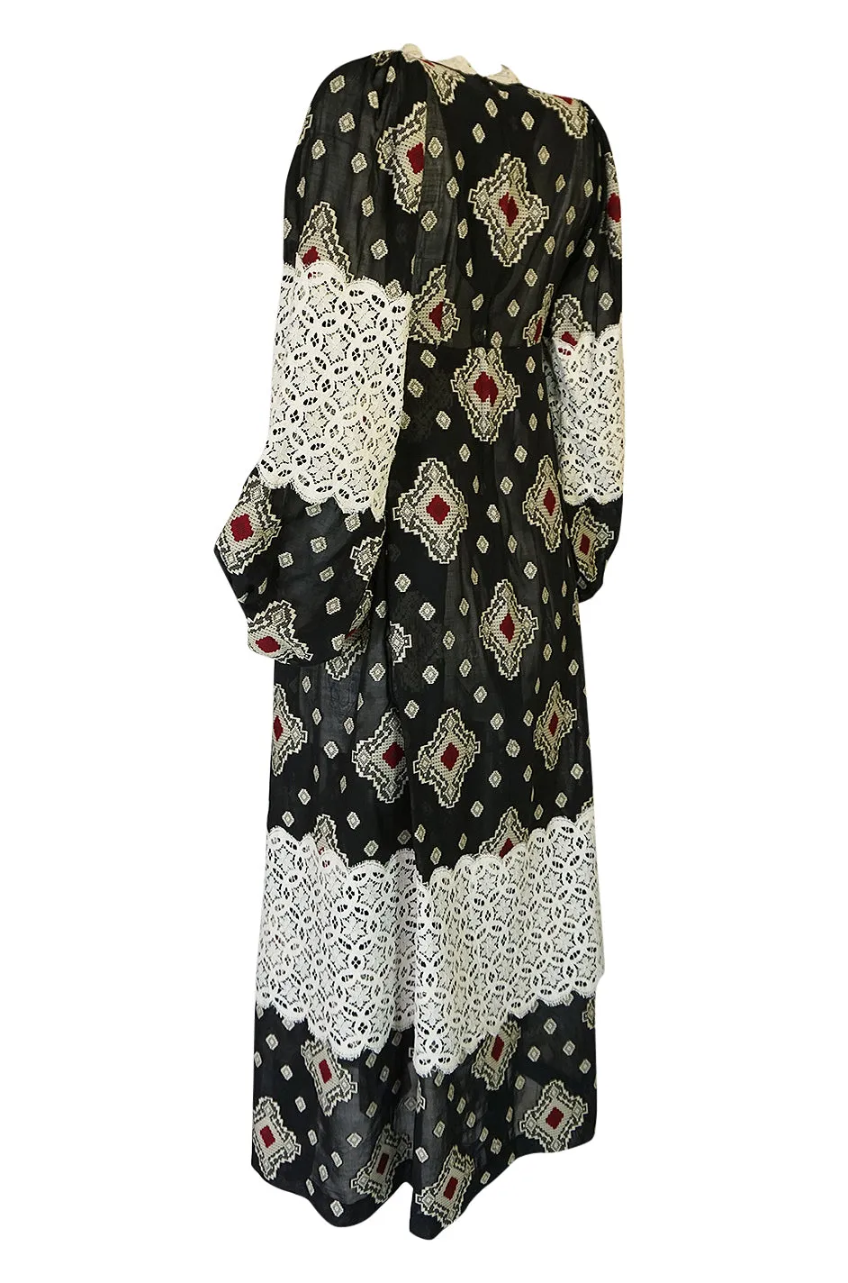 1971 Thea Porter Brocaded Cotton Gauze & Lace Flounce Dress