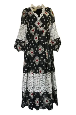 1971 Thea Porter Brocaded Cotton Gauze & Lace Flounce Dress