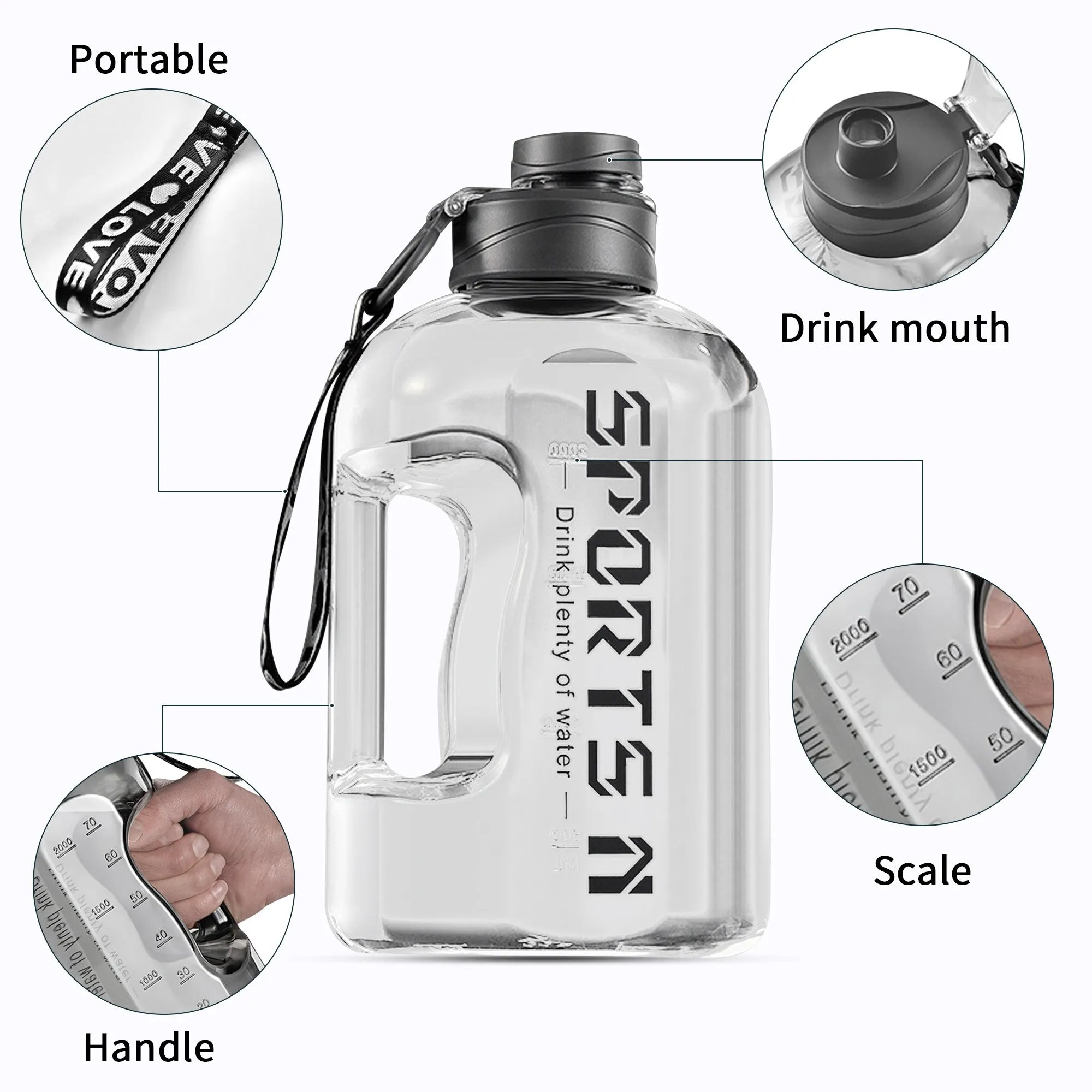 2.7L Large Capacity Sports Fitness Water Bottle w/ Handle Strap