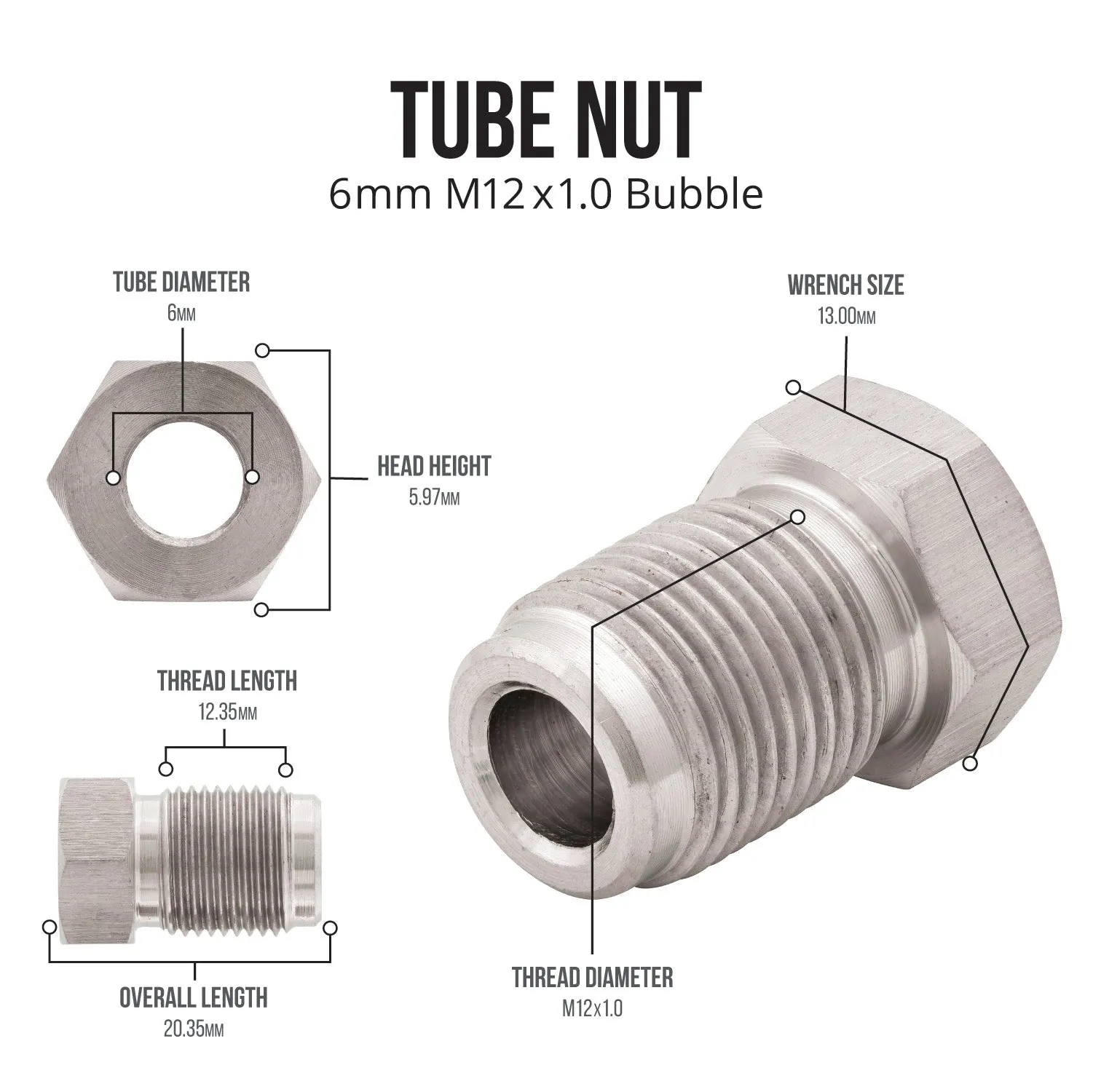 6mm (M12x1.0 Bubble) | Stainless Steel Brake Line Tube Nut | 10ct