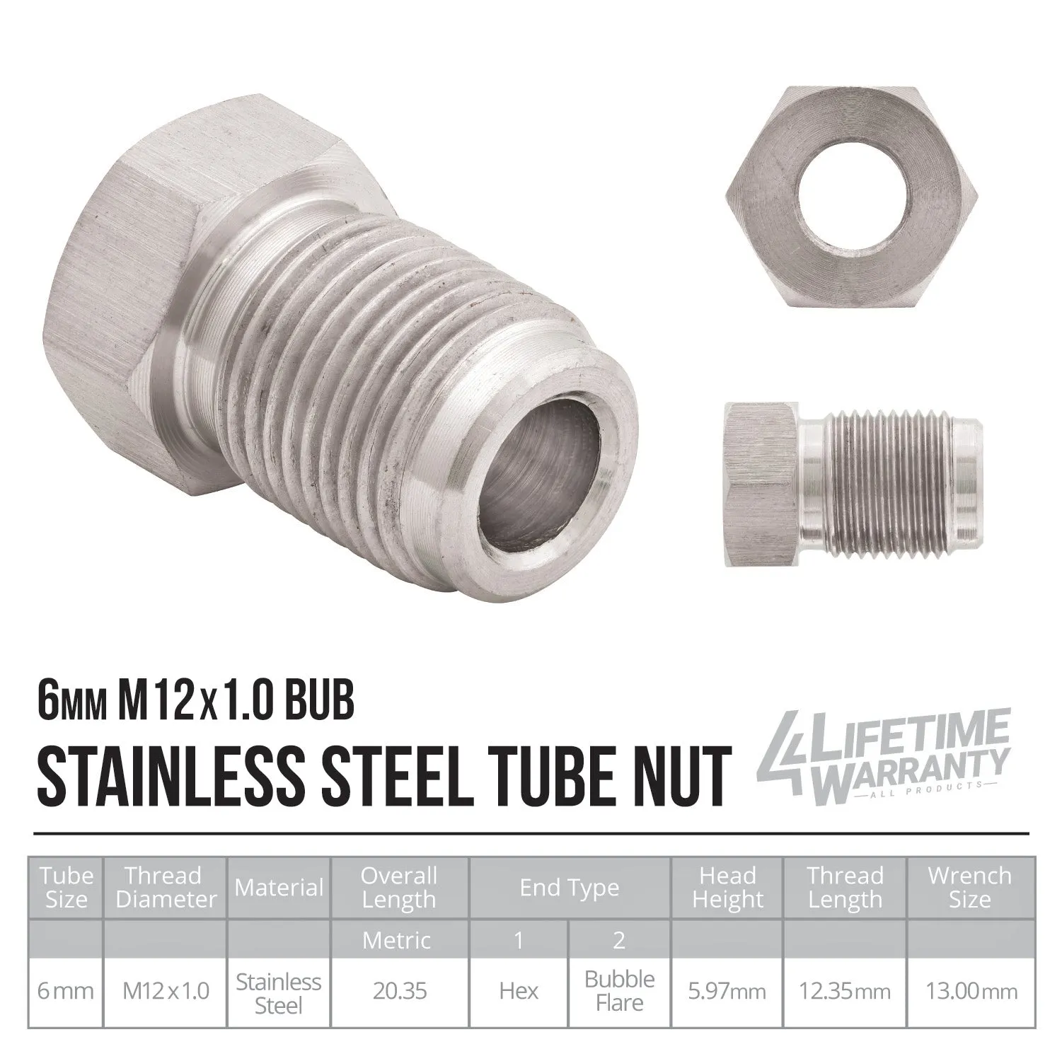 6mm (M12x1.0 Bubble) | Stainless Steel Brake Line Tube Nut | 10ct