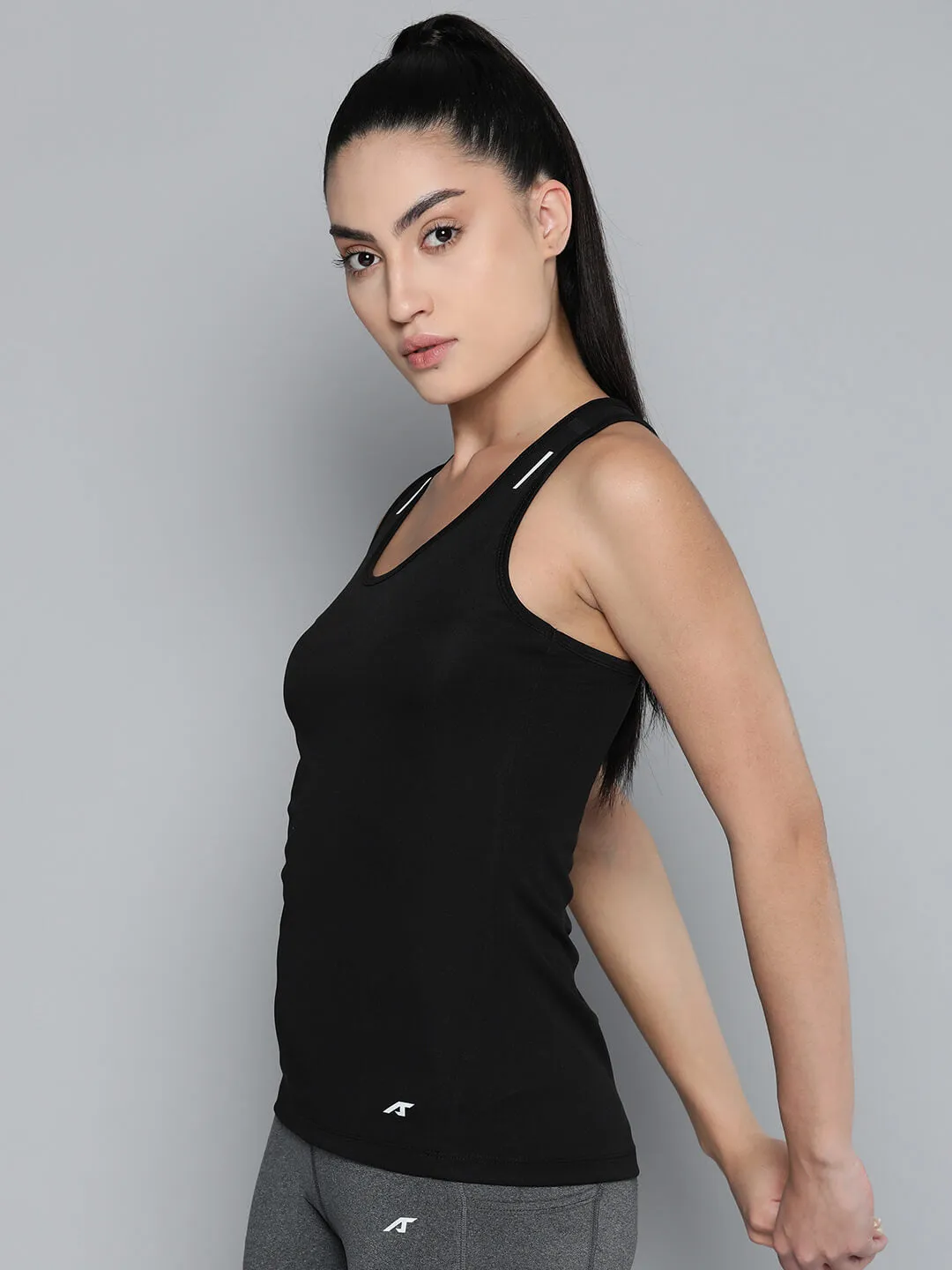 Alcis Women Black Dry Tech Slim Fit Training or Gym T-shirt