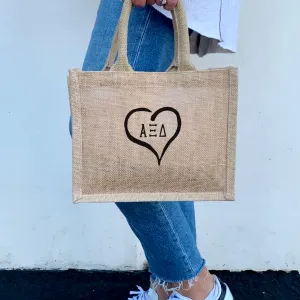 Alpha Xi Delta Heart and Sorority Letters Burlap Tote Bag