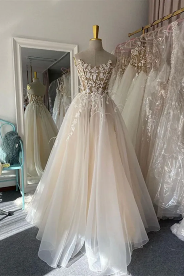 Anneprom Chic A line Spaghetti Straps Floor length Long Prom Dresses Tulle Applique Evening Dress APP0588