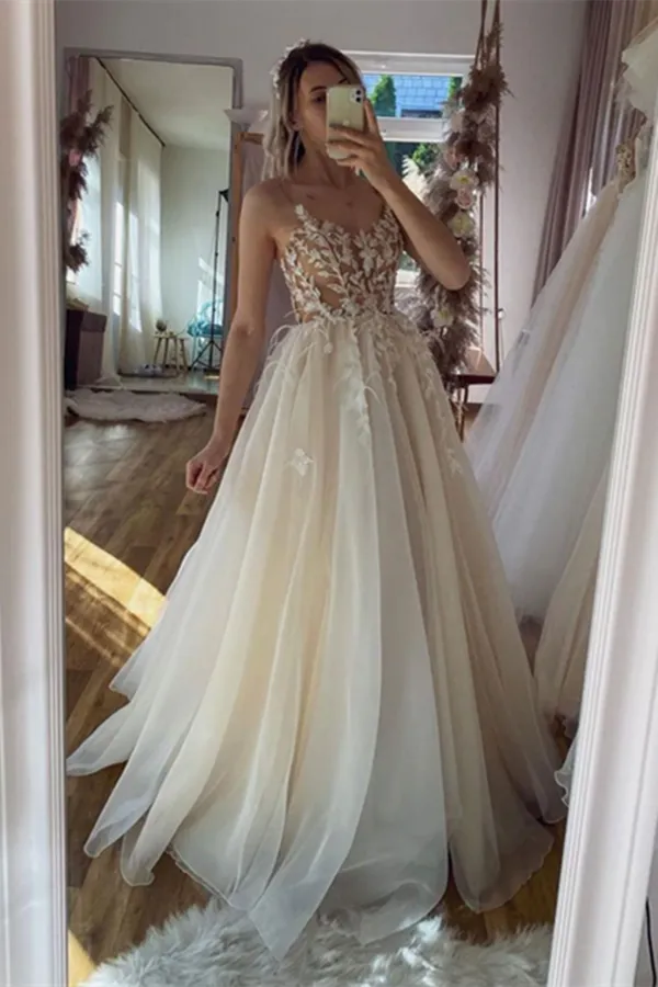 Anneprom Chic A line Spaghetti Straps Floor length Long Prom Dresses Tulle Applique Evening Dress APP0588