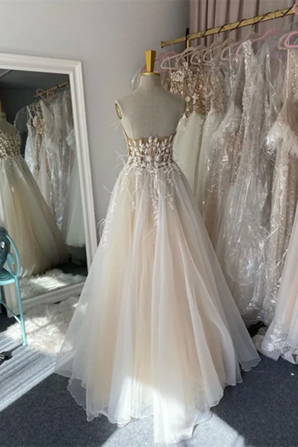 Anneprom Chic A line Spaghetti Straps Floor length Long Prom Dresses Tulle Applique Evening Dress APP0588