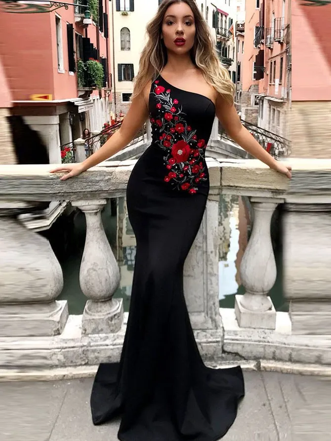 Anneprom Chic Trumpet/Mermaid One Shoulder Long Prom Dresses Embroidery Evening Dress APP0448