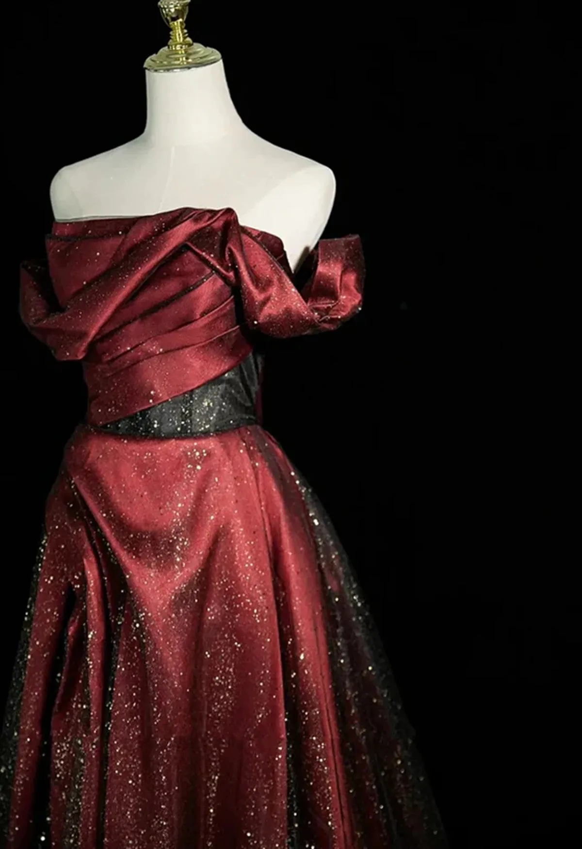 Black and Red Off Shoulder A-line Strapless Party Dress, Long Chic Prom Dress Evening Dress