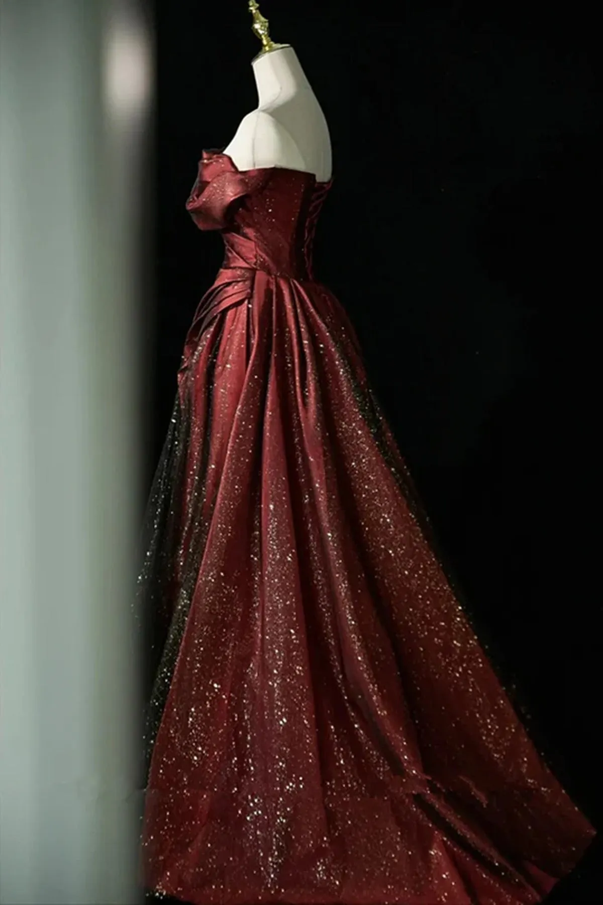 Black and Red Off Shoulder A-line Strapless Party Dress, Long Chic Prom Dress Evening Dress