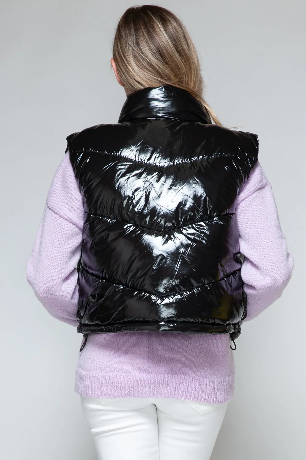 Black Zip Up Turtleneck Shiny Quilted Vest