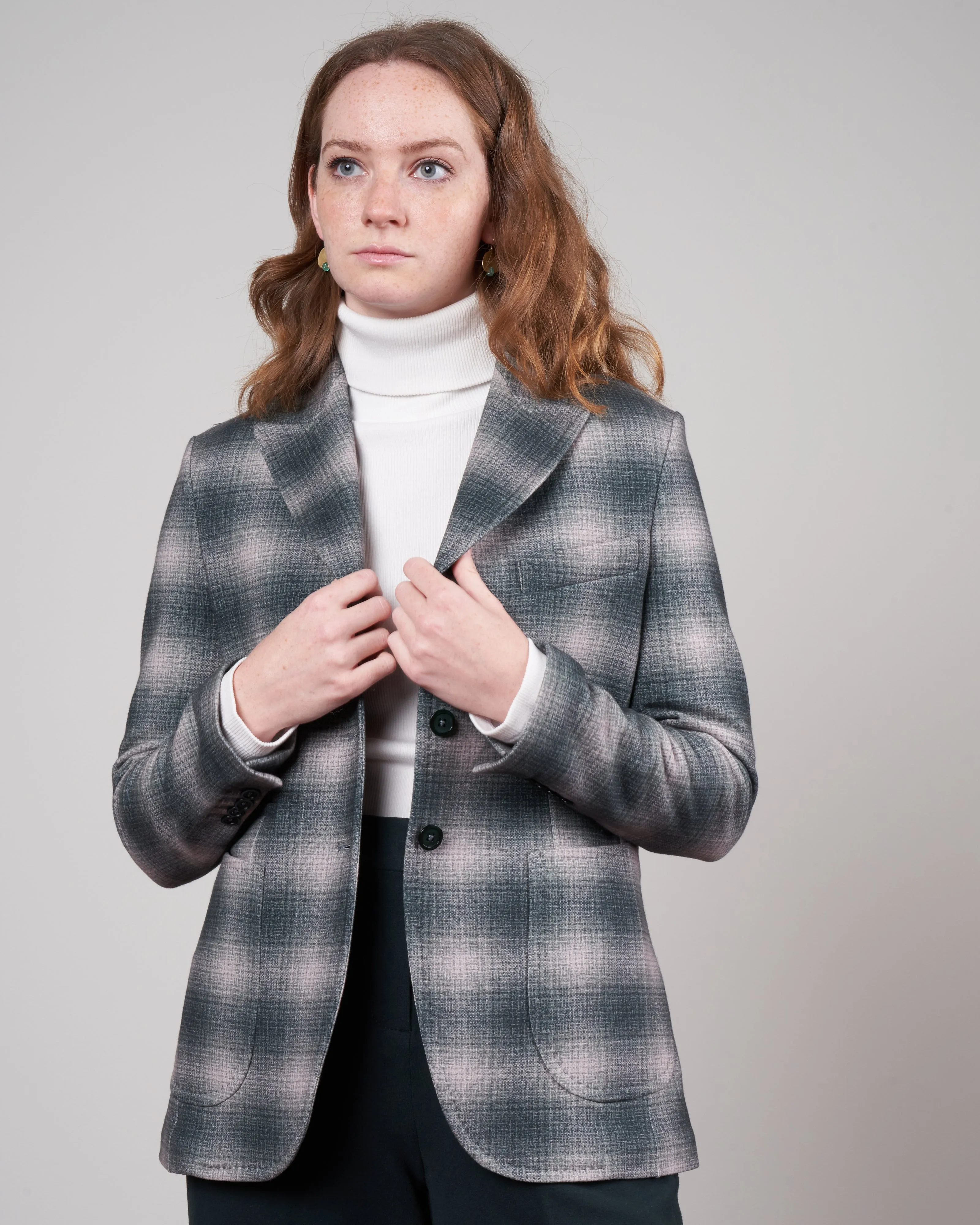 blurred check three button blazer - forest