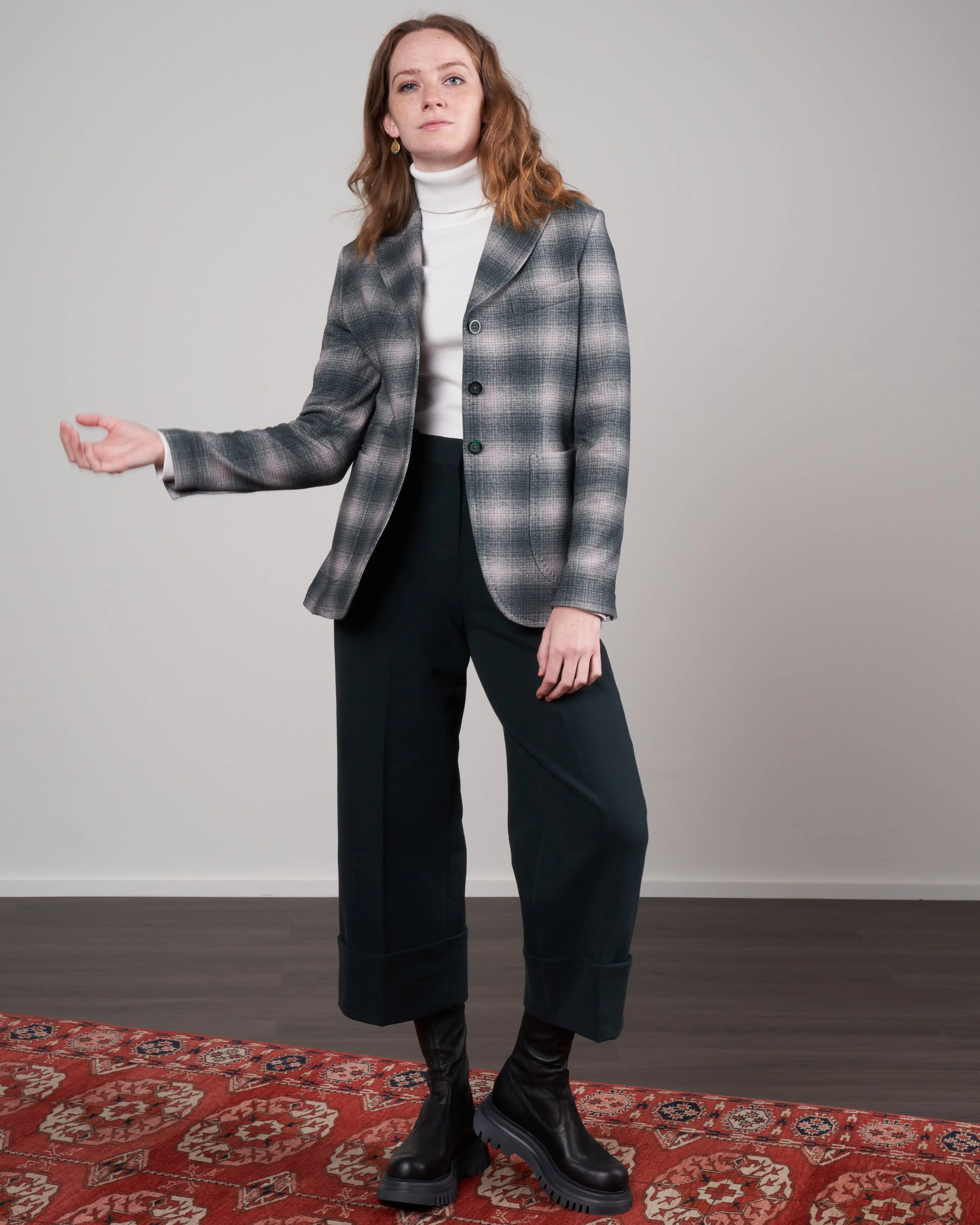 blurred check three button blazer - forest