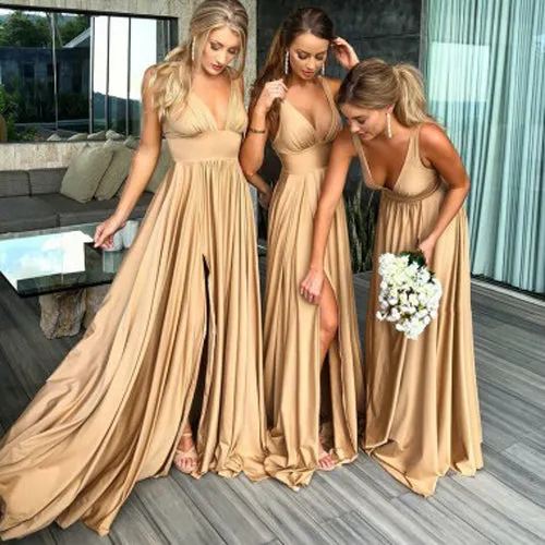 Cheap A-Line Deep V-Neck Floor-Length Bridesmaid Dress with Side Slit, BD72