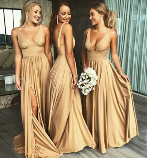 Cheap A-Line Deep V-Neck Floor-Length Bridesmaid Dress with Side Slit, BD72