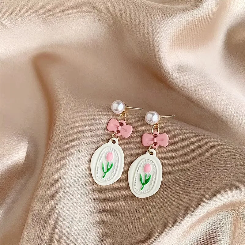 Chic Enamel Pink Tulip Earrings