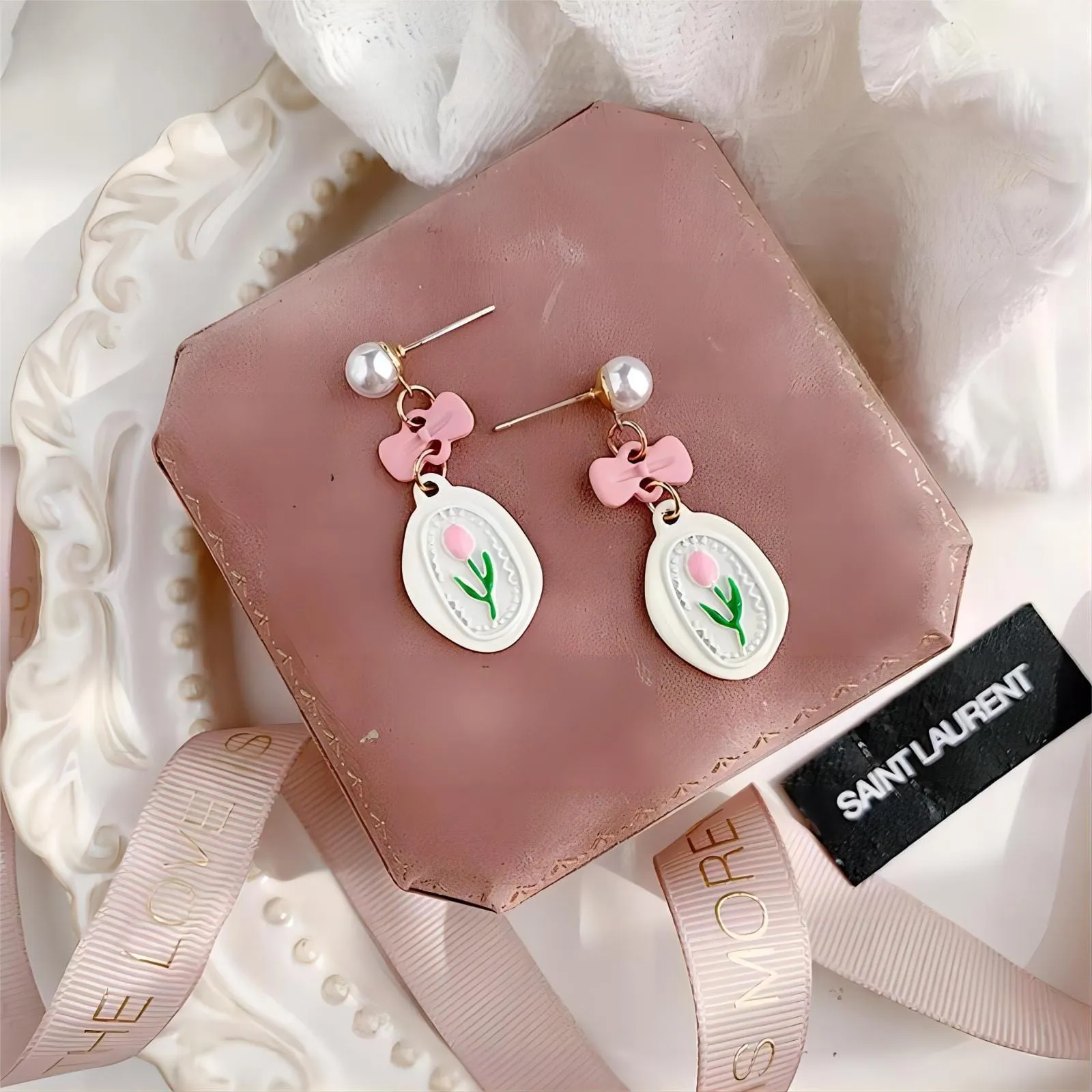 Chic Enamel Pink Tulip Earrings