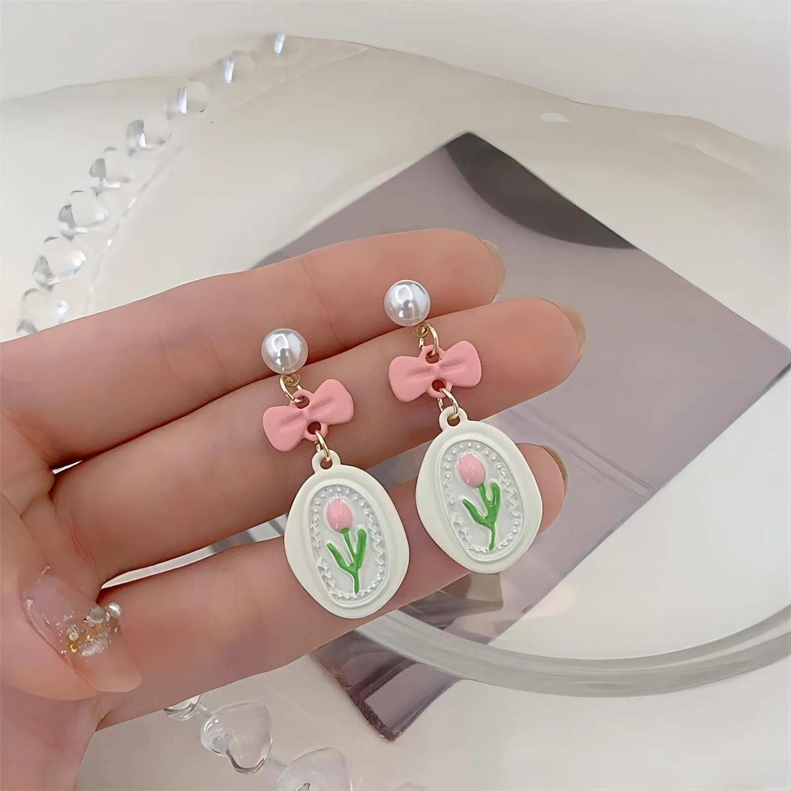 Chic Enamel Pink Tulip Earrings