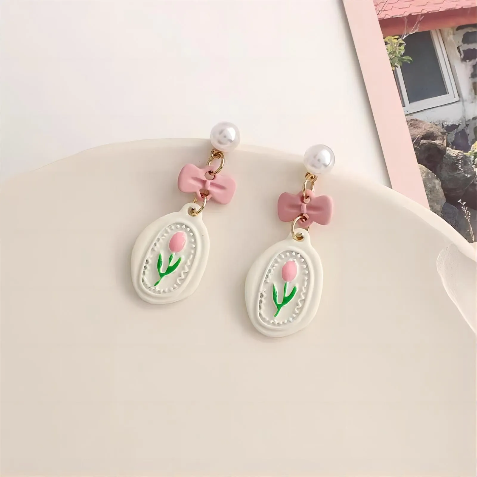 Chic Enamel Pink Tulip Earrings