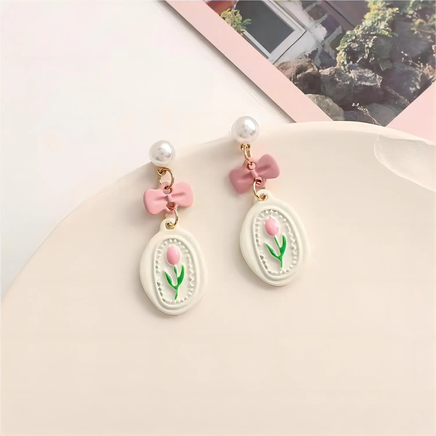 Chic Enamel Pink Tulip Earrings