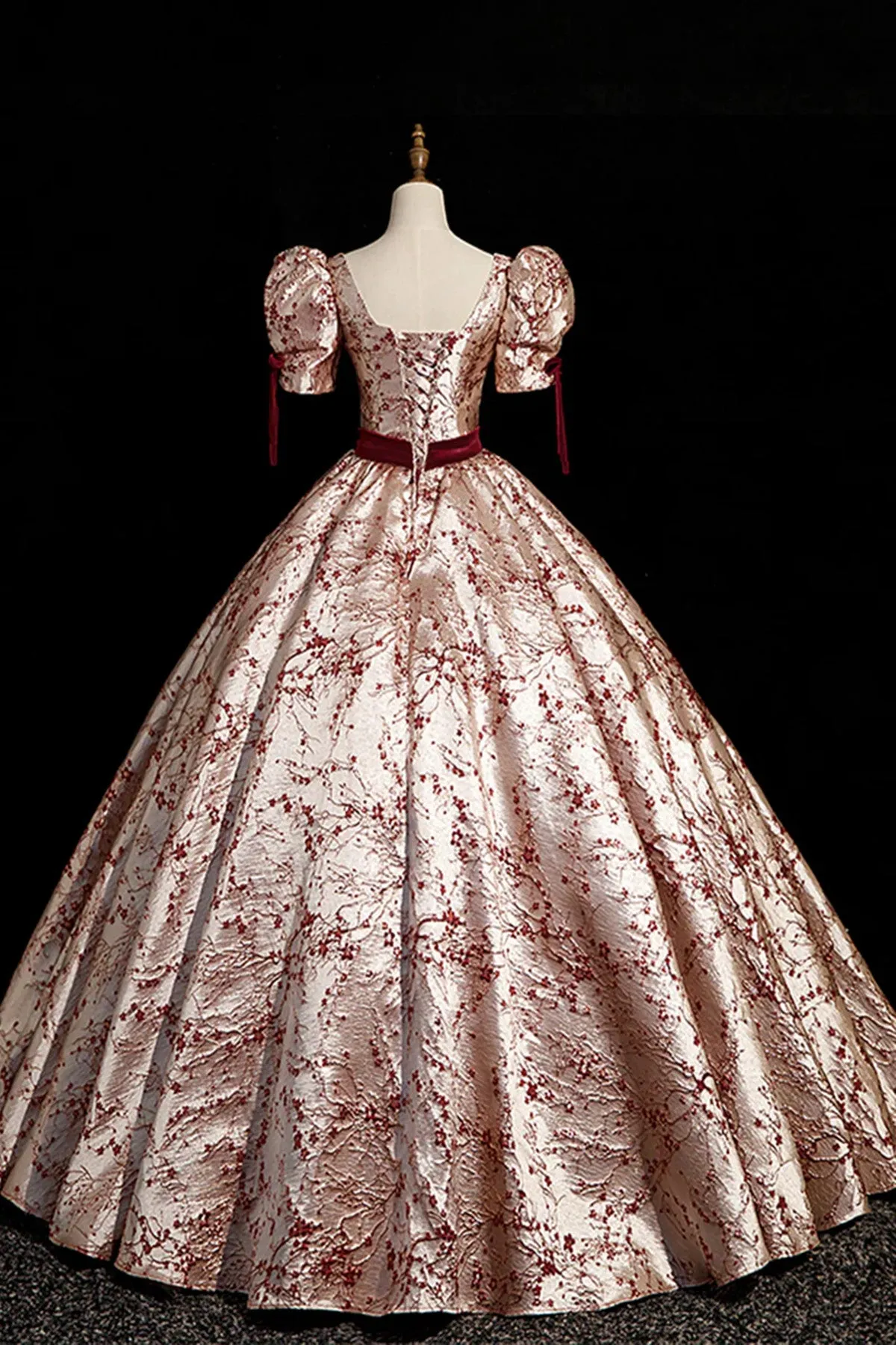 Chic Floral Satin Short Sleeves Ball Gown Formal Dress, Long Satin Prom Dress