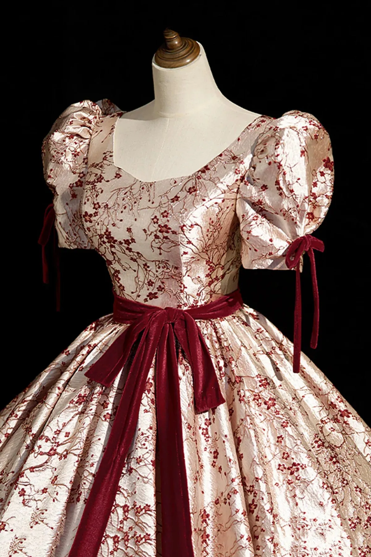 Chic Floral Satin Short Sleeves Ball Gown Formal Dress, Long Satin Prom Dress