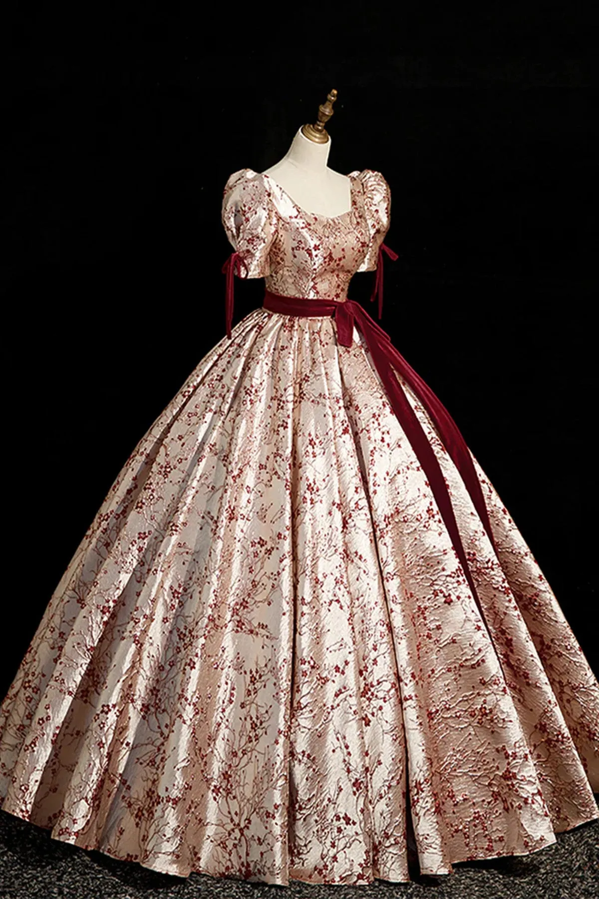 Chic Floral Satin Short Sleeves Ball Gown Formal Dress, Long Satin Prom Dress