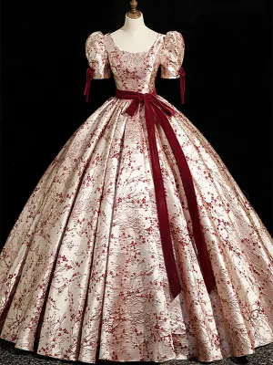 Chic Floral Satin Short Sleeves Ball Gown Formal Dress, Long Satin Prom Dress