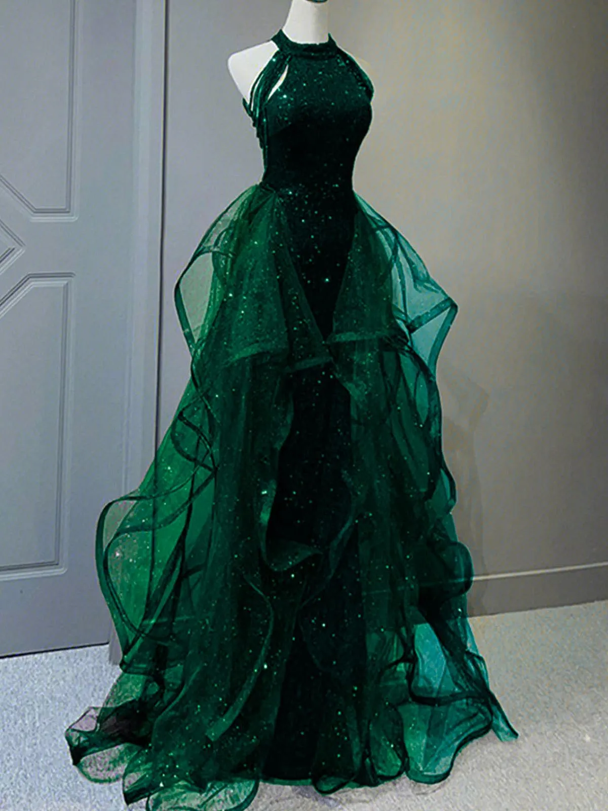 Chic Green Sequins With Tulle Long Party Dress, Green Beaded Halter Evening Dress