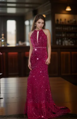 Chic Halter Neck Sequin Mesh Cocktail Dress with Keyhole Back