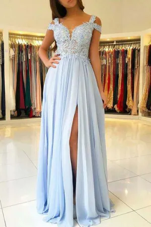 Chic Light Blue Chiffon Split Long Prom Dress With Lace Appliques OKA43