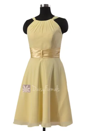 Chic Short Chiffon Wedding Dress Light Yellow Bridesmaid Dress W/Wide Sash(BM3728)
