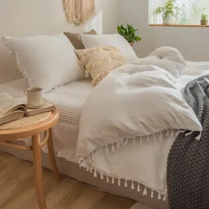 Classic Tassel Microfiber Duvet Cover Set - White