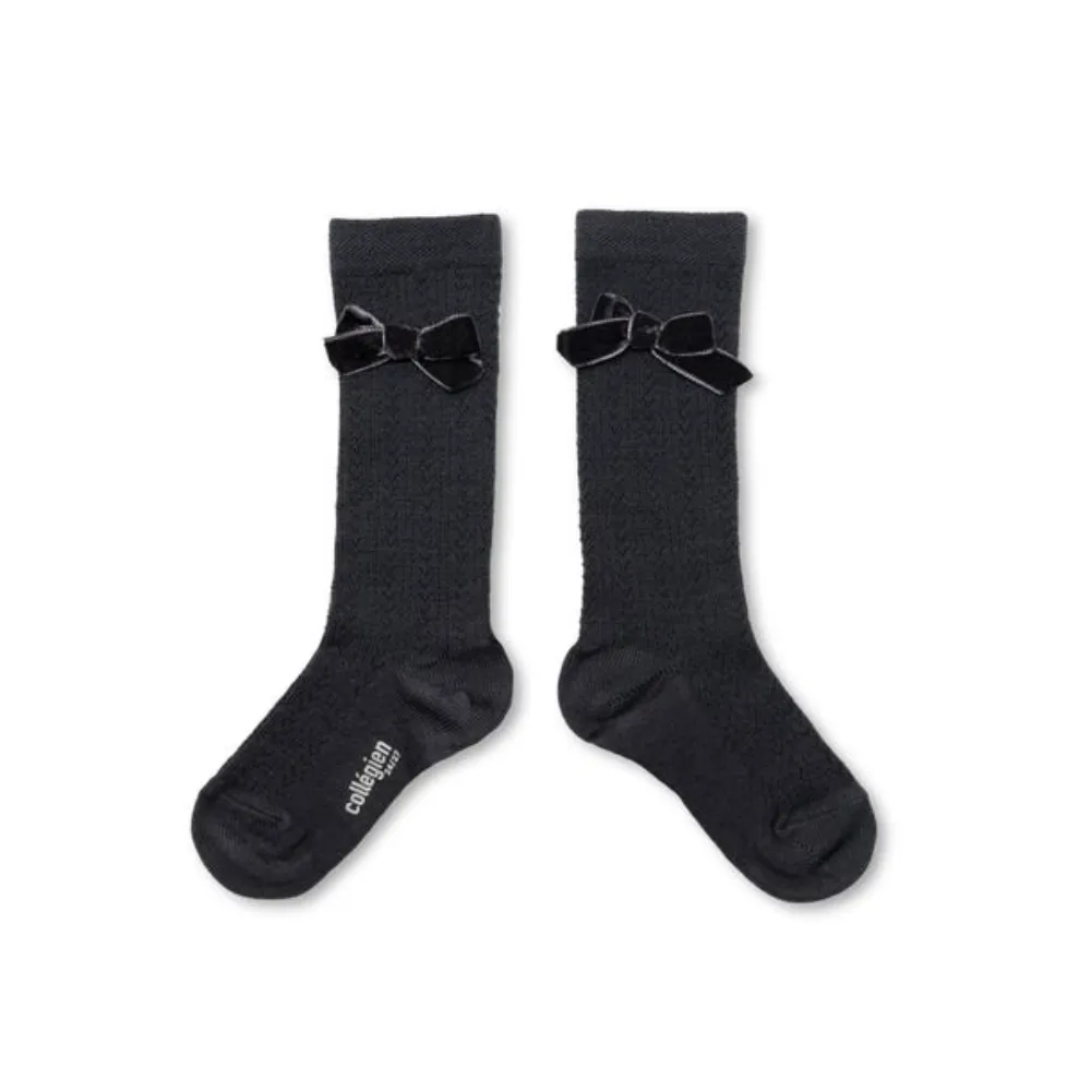 Collegien Margaux Pointelle Merino Knee-high Socks with Velvet Bow, Pierre de Volvic