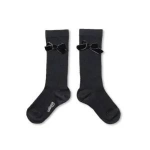 Collegien Margaux Pointelle Merino Knee-high Socks with Velvet Bow, Pierre de Volvic