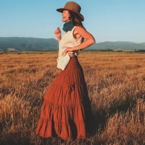 Cotton Flower Flowy Tiered Skirt with Pockets in Orange (S)
