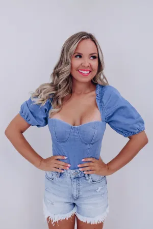 Denton Denim Puff Sleeve Bodysuit - Medium Denim