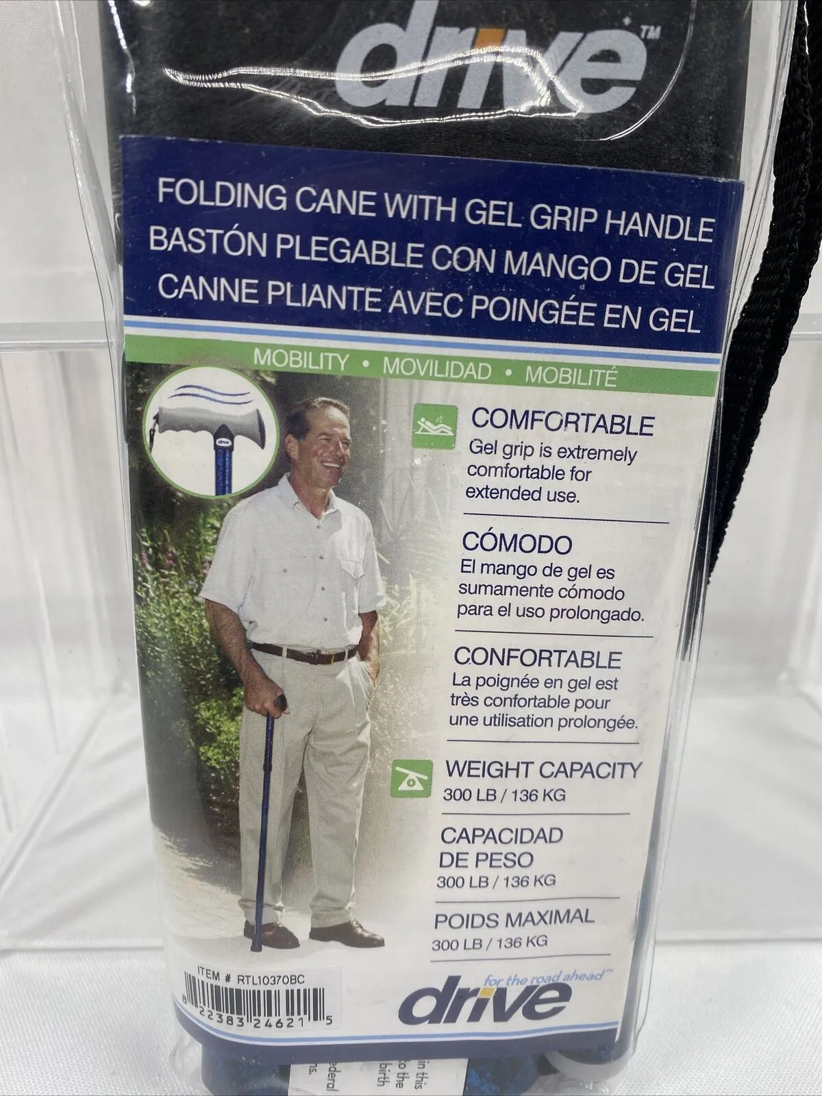Drive Medical Adjustable Lightweight Folding Cane w/ Gel Hand Grip, Blue Crackle