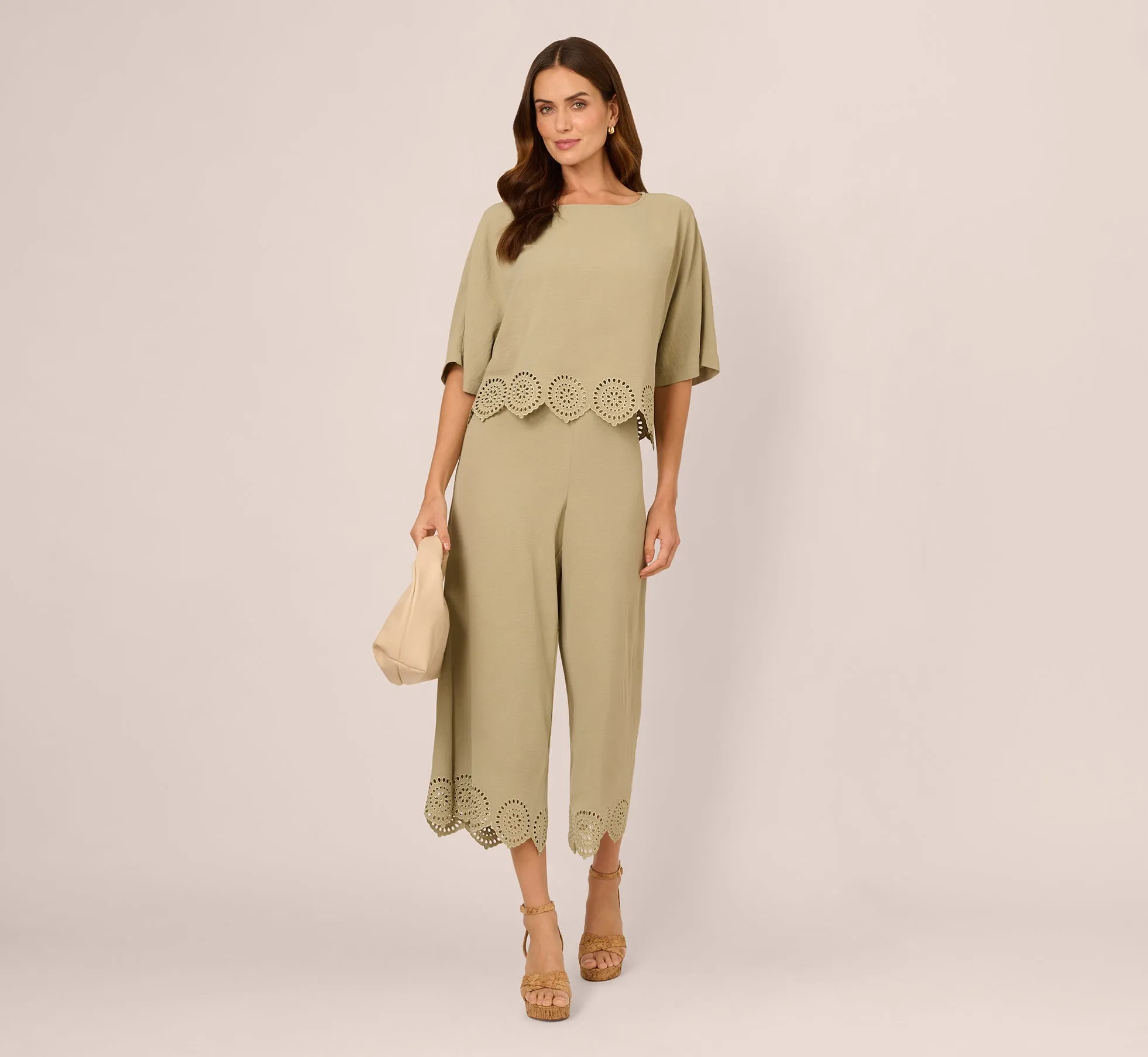 Eyelet Hem Dolman Sleeve Shirt And Pull On Pant Set In Dusty Sage Green