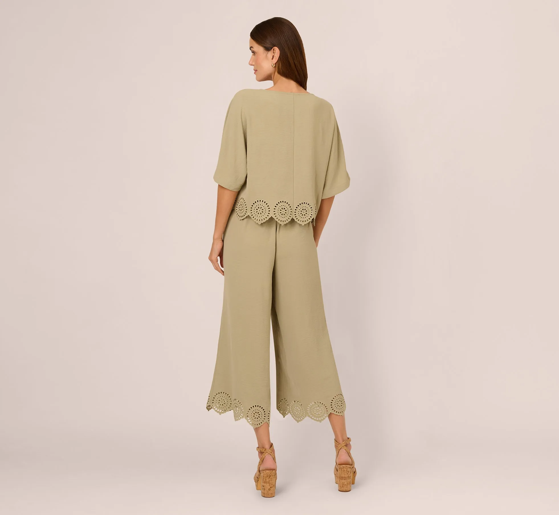 Eyelet Hem Dolman Sleeve Shirt And Pull On Pant Set In Dusty Sage Green