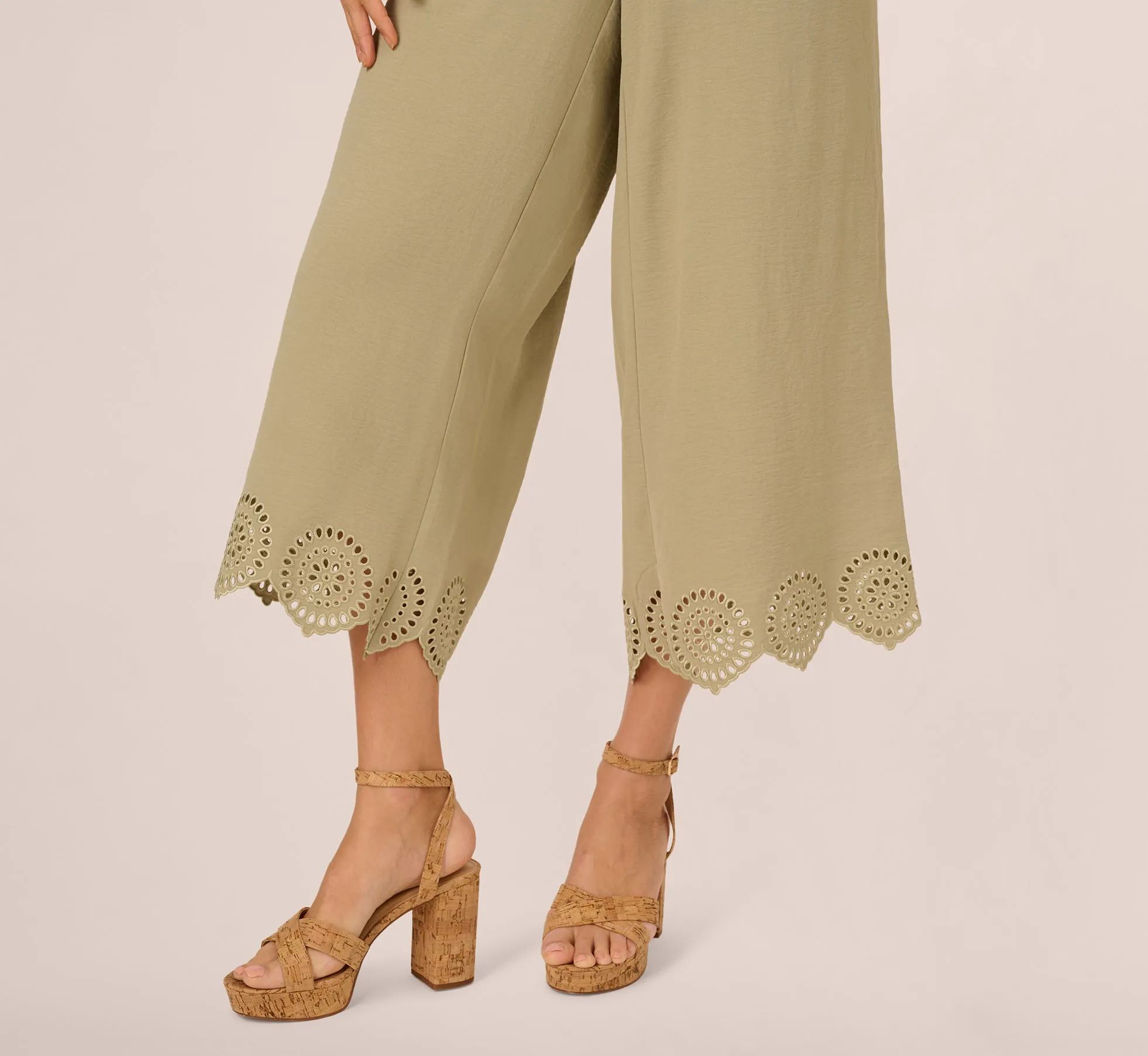 Eyelet Hem Dolman Sleeve Shirt And Pull On Pant Set In Dusty Sage Green