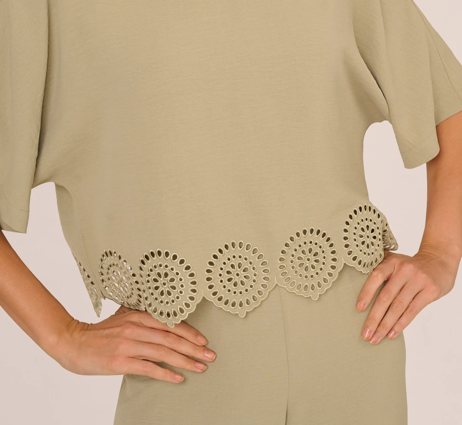 Eyelet Hem Dolman Sleeve Shirt And Pull On Pant Set In Dusty Sage Green