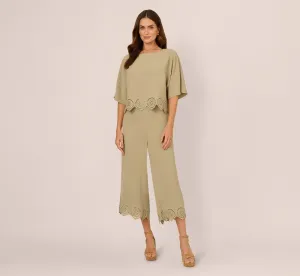 Eyelet Hem Dolman Sleeve Shirt And Pull On Pant Set In Dusty Sage Green