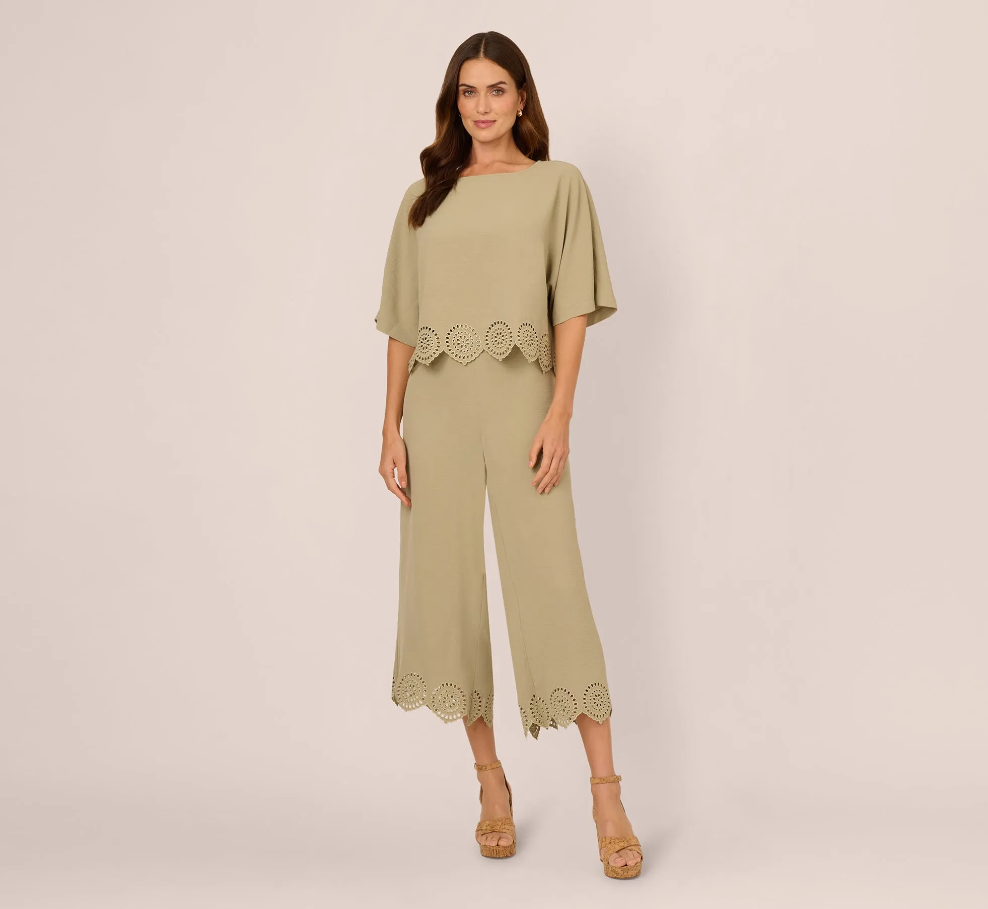 Eyelet Hem Dolman Sleeve Shirt And Pull On Pant Set In Dusty Sage Green