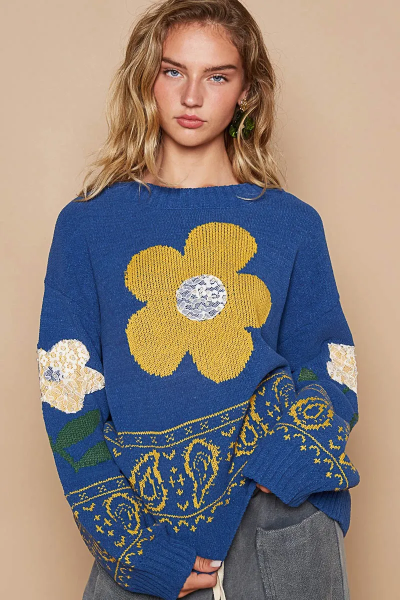 Flower and Lace Patch Sweater by POL