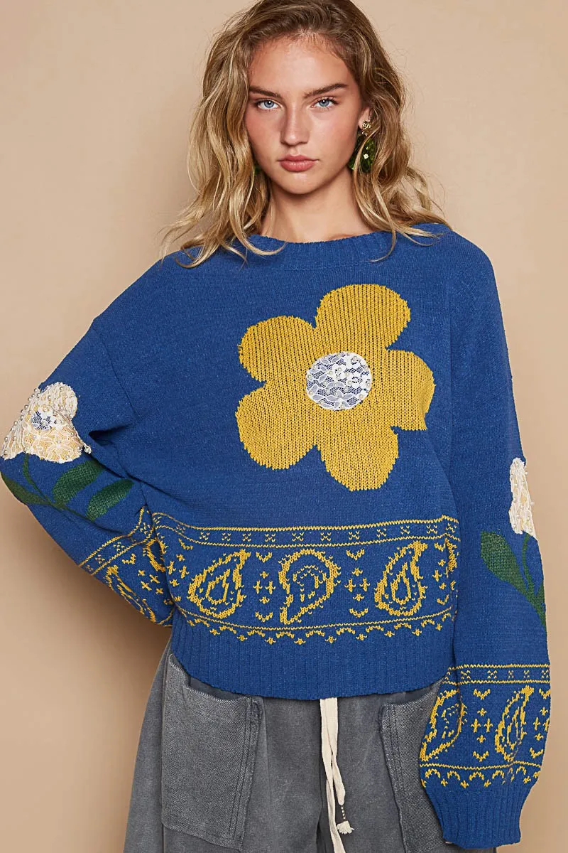 Flower and Lace Patch Sweater by POL